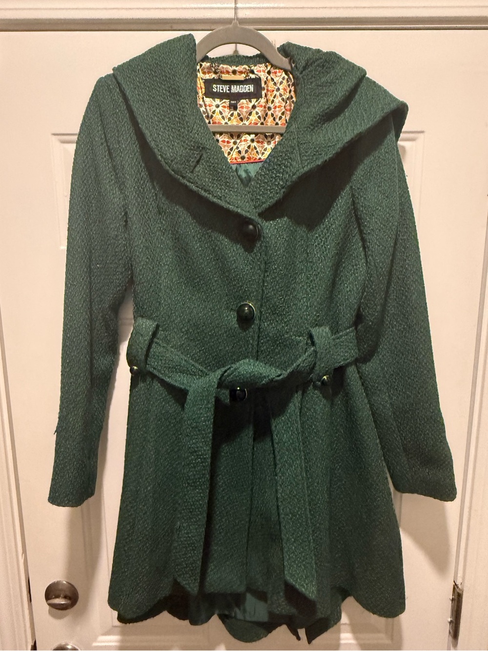 Steve Madden Dark Green Hooded Belted Trench Coat